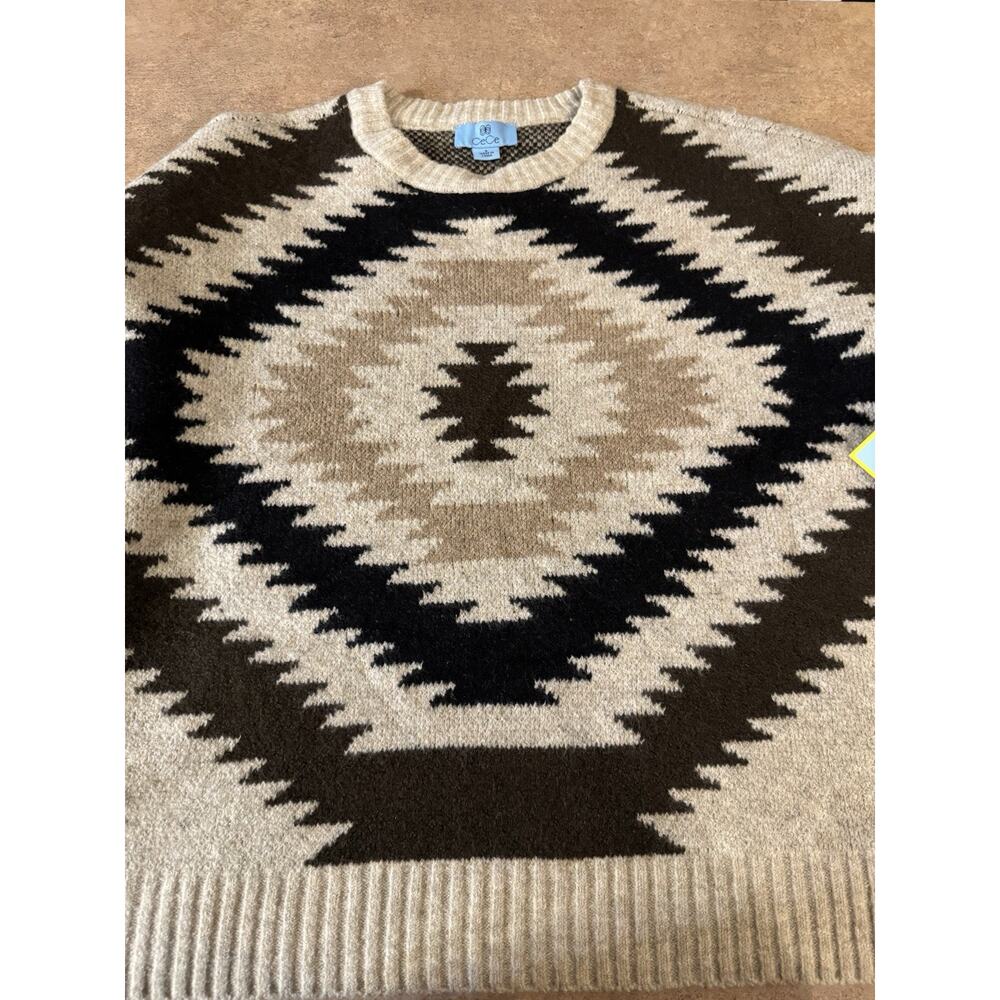 CeCe Women's Cozy Crewneck Aztec Long Sleeve Cream Black Sweater,Size Small NWT - Picture 9 of 9